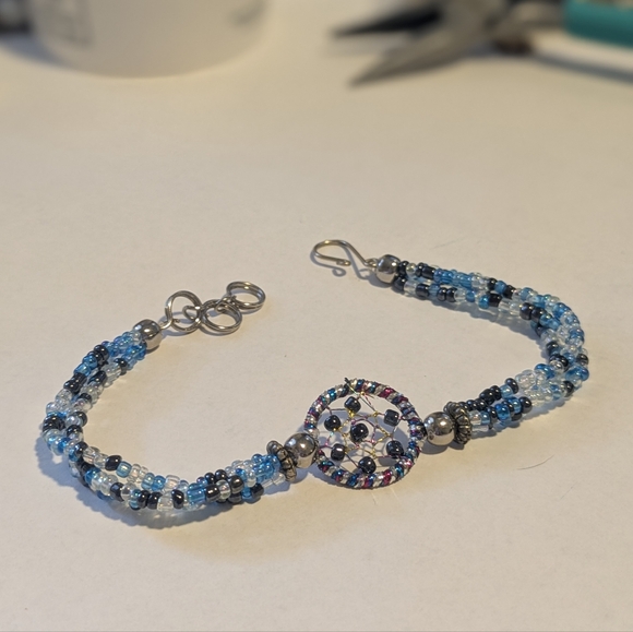 Handmade Multistrand Blue and Silvertone Beaded Bracelet - Picture 2 of 3